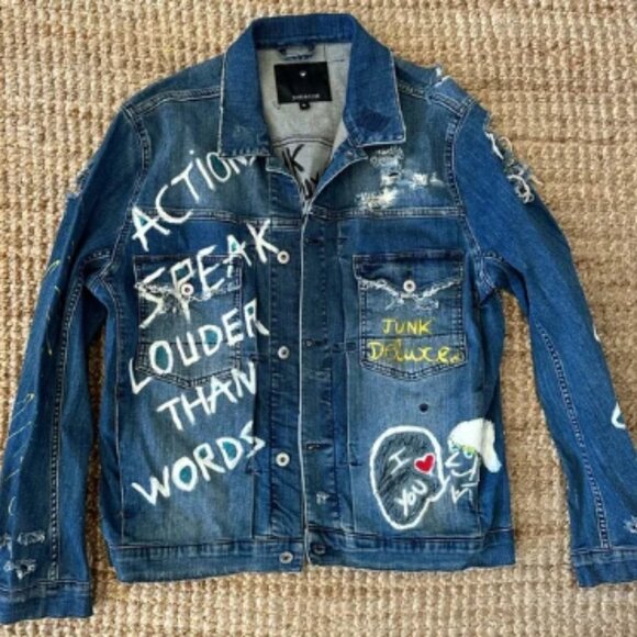 Junk de Luxe Jackets & Blazers - JUNK DE LUXE DISTRESSED DENIM JACKET HAND-PAINTED SIZE XL
